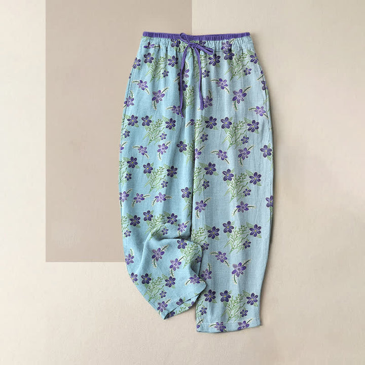 Buddha Stones Pantaloni da donna in puro cotone con elastico in vita e tasche, fantasia floreale viola a foglie, con motivo a foglie. - Turchese pallido - US16, UK/AU20, EU48 (3XL) - image 3