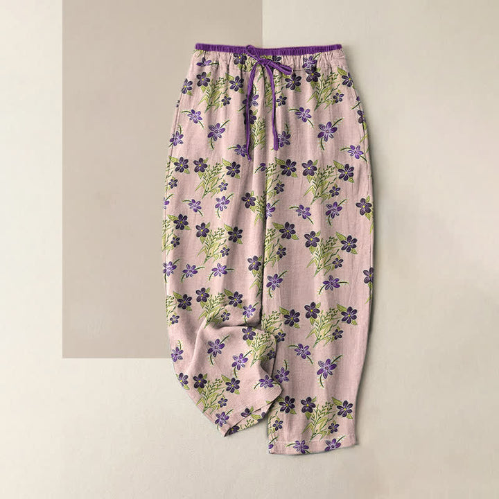 Buddha Stones Pantaloni da donna in puro cotone con elastico in vita e tasche, fantasia floreale viola a foglie, con motivo a foglie. - Rosa - US16, UK/AU20, EU48 (3XL) - image 4