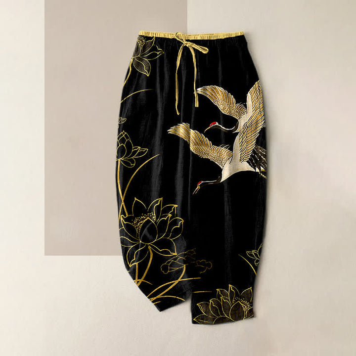 Buddha Stones Pantaloni da donna in puro cotone con elastico in vita e tasche, fantasia gru e loto. - Nero - US16, UK/AU20, EU48 (3XL) - image 0