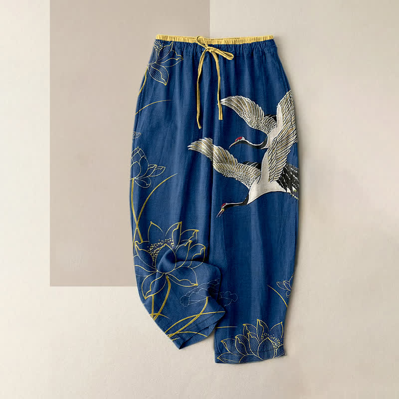 Buddha Stones Pantaloni da donna in puro cotone con elastico in vita e tasche, fantasia gru e loto. - SteelBlue - US16, UK/AU20, EU48 (3XL) - image 4