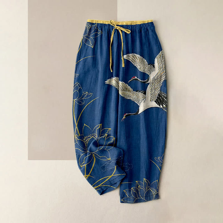 Buddha Stones Pantaloni da donna in puro cotone con elastico in vita e tasche, fantasia gru e loto. - SteelBlue - US16, UK/AU20, EU48 (3XL) - image 4