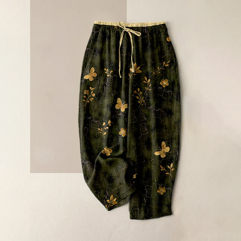 Buddha Stones Pantaloni da donna in puro cotone con elastico in vita e tasche, fantasia floreale a farfalle dorate. - Oliva - US16, UK/AU20, EU48 (3XL) - image 0