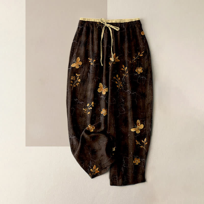 Buddha Stones Pantaloni da donna in puro cotone con elastico in vita e tasche, fantasia floreale a farfalle dorate. - Marrone sella - US16, UK/AU20, EU48 (3XL) - image 4