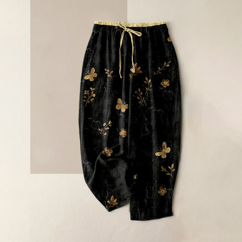 Buddha Stones Pantaloni da donna in puro cotone con elastico in vita e tasche, fantasia floreale a farfalle dorate. - Nero - US16, UK/AU20, EU48 (3XL) - image 5