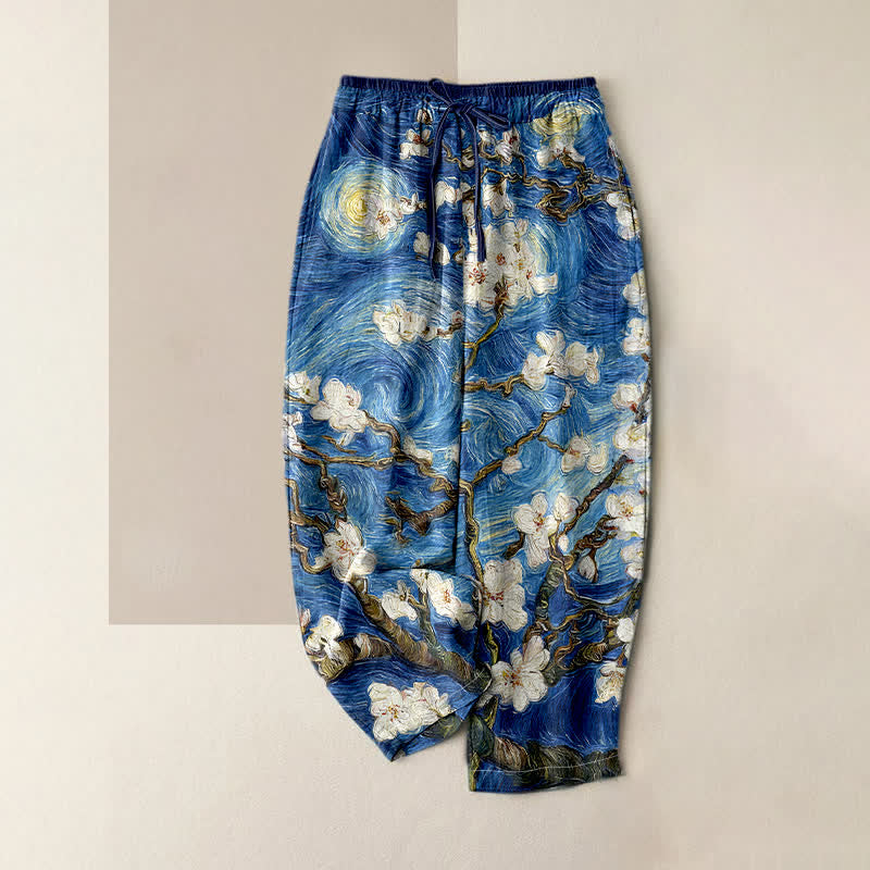 Buddha Stones Pantaloni da donna con elastico in vita e tasche, con motivo "Cielo stellato e mandorlo in fiore" di Van Gogh. - Blu reale - US16, UK/AU20, EU48 (3XL) - image 0