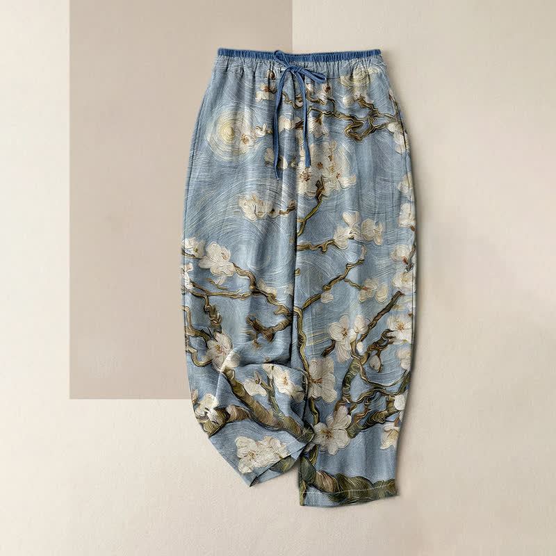 Buddha Stones Pantaloni da donna con elastico in vita e tasche, con motivo "Cielo stellato e mandorlo in fiore" di Van Gogh. - Azzurro chiaro - US16, UK/AU20, EU48 (3XL) - image 4