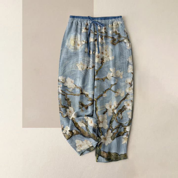 Buddha Stones Pantaloni da donna con elastico in vita e tasche, con motivo "Cielo stellato e mandorlo in fiore" di Van Gogh. - Azzurro chiaro - US16, UK/AU20, EU48 (3XL) - image 4