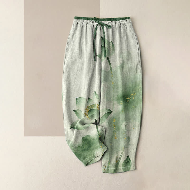 Buddha Stones Pantaloni da donna in puro cotone con elastico in vita e tasche, fantasia loto con macchie dorate. - Verde Mare Scuro - US16, UK/AU20, EU48 (3XL) - image 0
