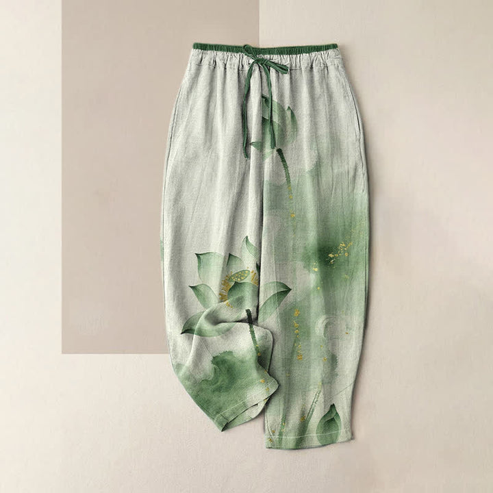 Buddha Stones Pantaloni da donna in puro cotone con elastico in vita e tasche, fantasia loto con macchie dorate. - Verde Mare Scuro - US16, UK/AU20, EU48 (3XL) - image 0
