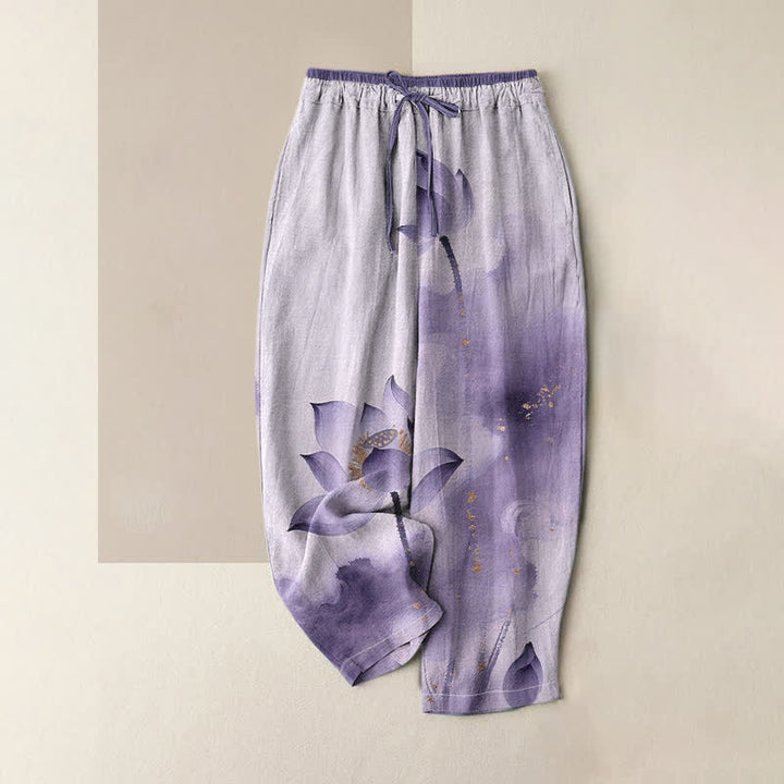 Buddha Stones Pantaloni da donna in puro cotone con elastico in vita e tasche, fantasia loto con macchie dorate. - Lavanda - US16, UK/AU20, EU48 (3XL) - image 3