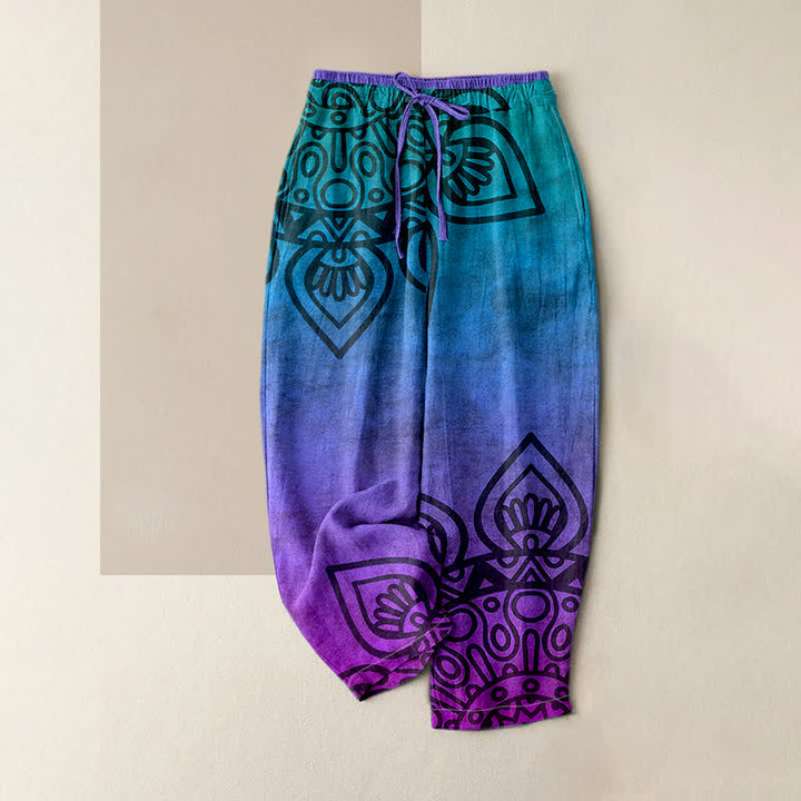 Buddha Stones Pantaloni da donna in puro cotone con elastico in vita e motivo mandala sfumato, con tasche. - BluViola - US16, UK/AU20, EU48 (3XL) - image 0