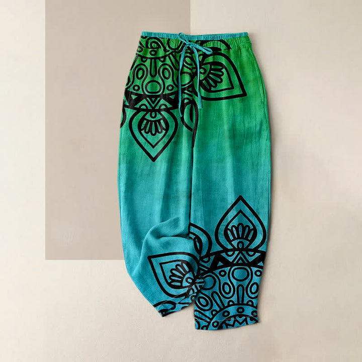 Buddha Stones Pantaloni da donna in puro cotone con elastico in vita e motivo mandala sfumato, con tasche. - Turchese - US16, UK/AU20, EU48 (3XL) - image 3