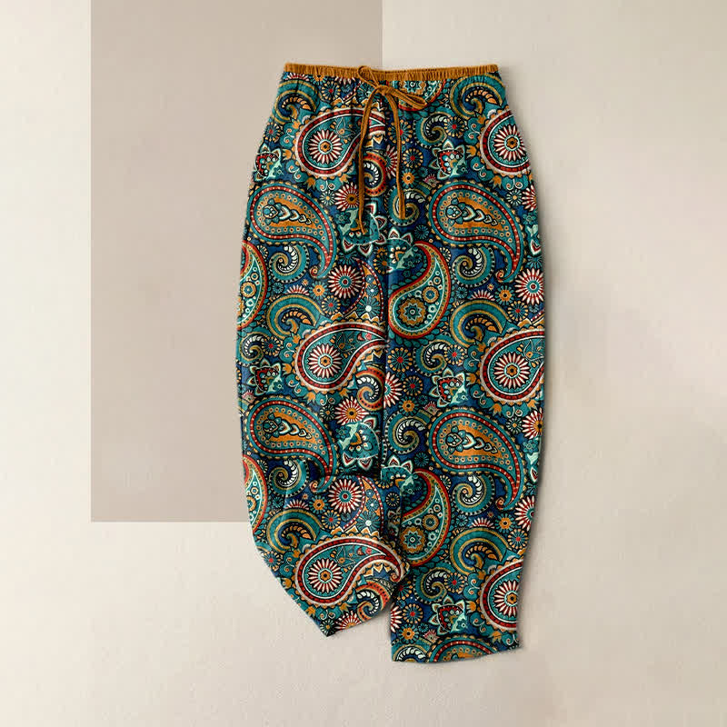 Buddha Stones Pantaloni da donna in puro cotone con stampa floreale paisley e vita elasticizzata, dotati di tasche. - Verde acqua - US16, UK/AU20, EU48 (3XL) - image 0