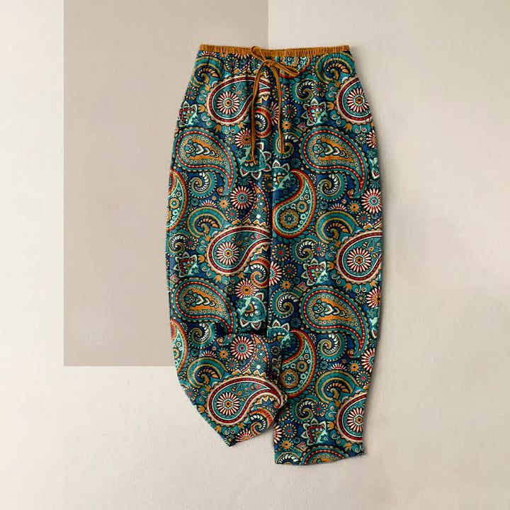 Buddha Stones Pantaloni da donna in puro cotone con stampa floreale paisley e vita elasticizzata, dotati di tasche. - Verde acqua - US16, UK/AU20, EU48 (3XL) - image 0