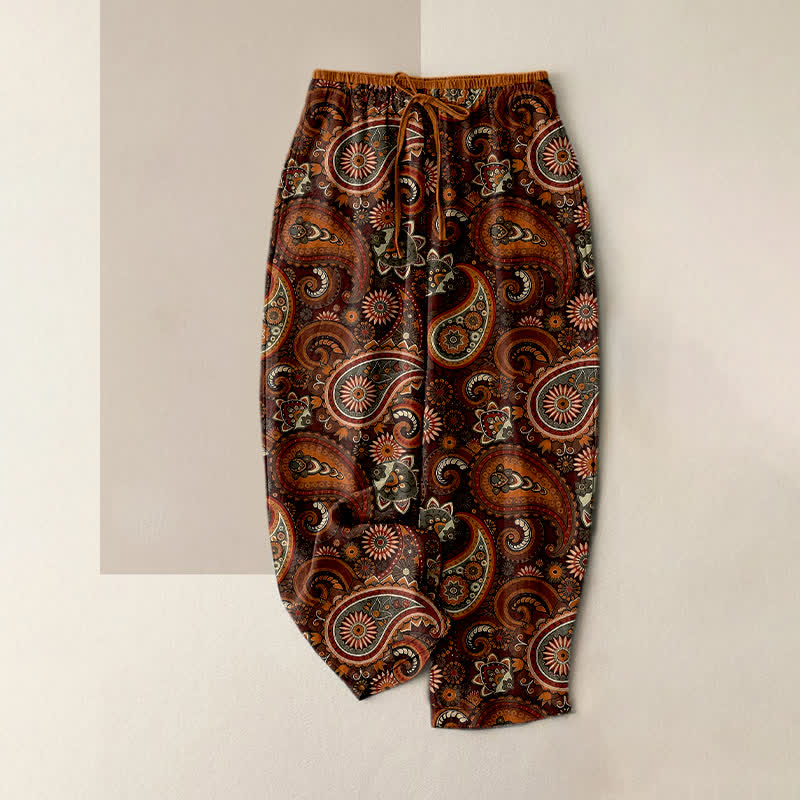Buddha Stones Pantaloni da donna in puro cotone con stampa floreale paisley e vita elasticizzata, dotati di tasche. - Marrone - US16, UK/AU20, EU48 (3XL) - image 4