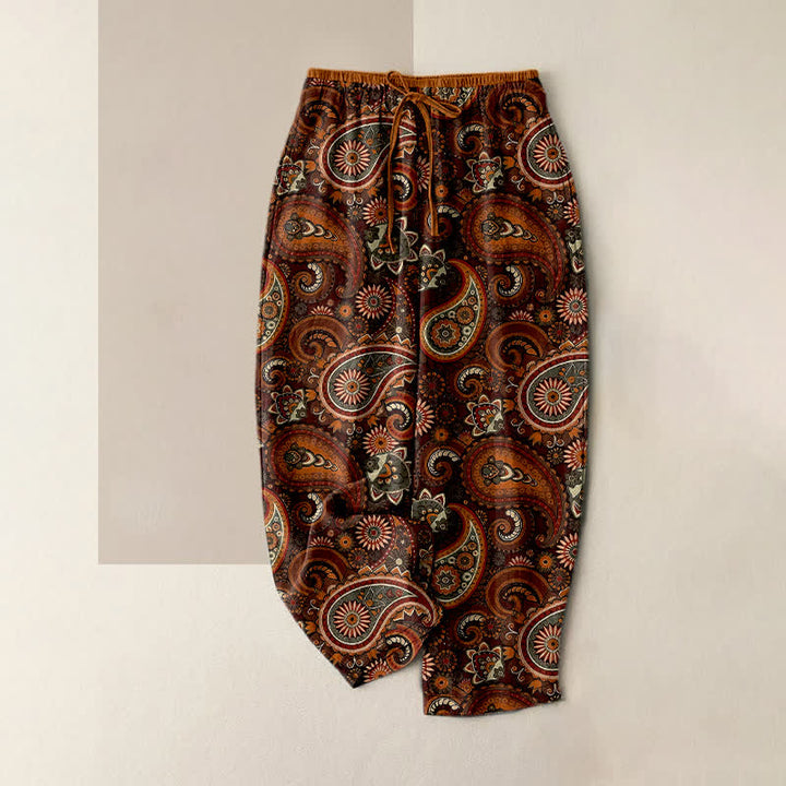 Buddha Stones Pantaloni da donna in puro cotone con stampa floreale paisley e vita elasticizzata, dotati di tasche. - Marrone - US16, UK/AU20, EU48 (3XL) - image 4