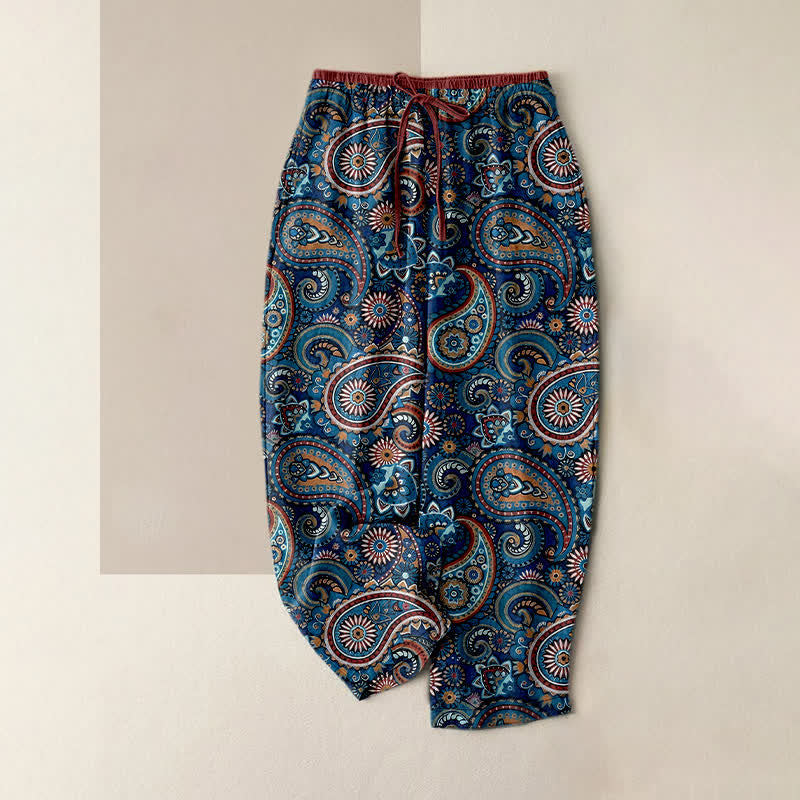 Buddha Stones Pantaloni da donna in puro cotone con stampa floreale paisley e vita elasticizzata, dotati di tasche. - SteelBlue - US16, UK/AU20, EU48 (3XL) - image 5