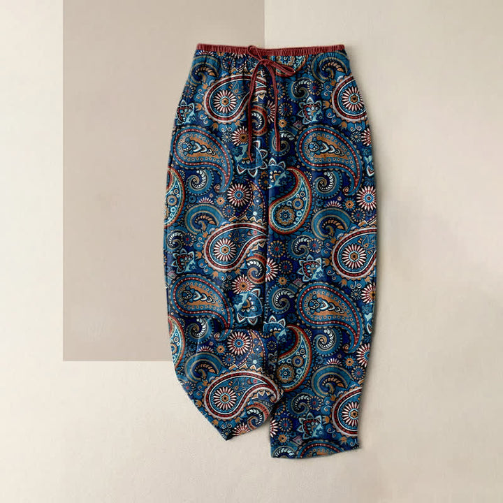 Buddha Stones Pantaloni da donna in puro cotone con stampa floreale paisley e vita elasticizzata, dotati di tasche. - SteelBlue - US16, UK/AU20, EU48 (3XL) - image 5