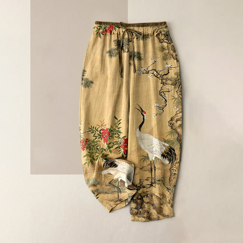 Buddha Stones Pantaloni da donna in puro cotone con elastico in vita e tasche, fantasia a gru e pino. - Grano - US16, UK/AU20, EU48 (3XL) - image 0