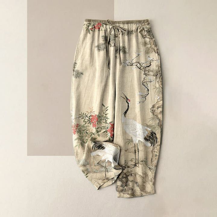 Buddha Stones Pantaloni da donna in puro cotone con elastico in vita e tasche, fantasia a gru e pino. - Beige - US16, UK/AU20, EU48 (3XL) - image 3