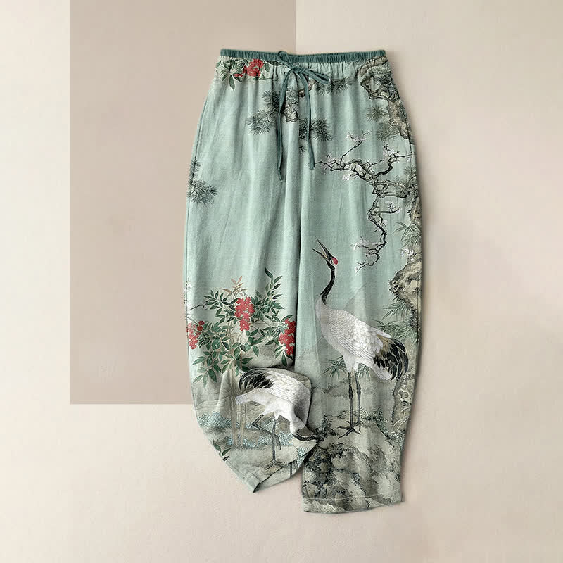 Buddha Stones Pantaloni da donna in puro cotone con elastico in vita e tasche, fantasia a gru e pino. - Turchese pallido - US16, UK/AU20, EU48 (3XL) - image 4