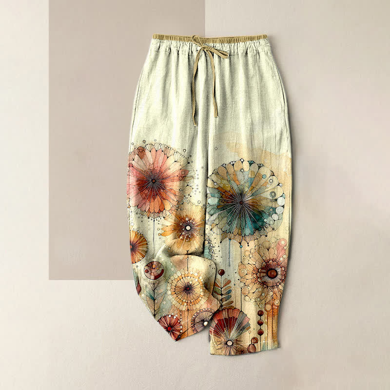 Buddha Stones Pantaloni da donna in puro cotone con elastico in vita e tasche, fantasia floreale mandala ad acquerello. - Giallo chiaro - US16, UK/AU20, EU48 (3XL) - image 0