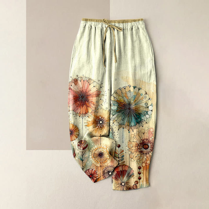 Buddha Stones Pantaloni da donna in puro cotone con elastico in vita e tasche, fantasia floreale mandala ad acquerello. - Giallo chiaro - US16, UK/AU20, EU48 (3XL) - image 0