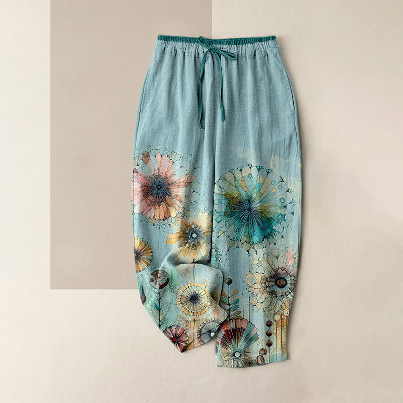 Buddha Stones Pantaloni da donna in puro cotone con elastico in vita e tasche, fantasia floreale mandala ad acquerello. - Azzurro chiaro - US16, UK/AU20, EU48 (3XL) - image 3