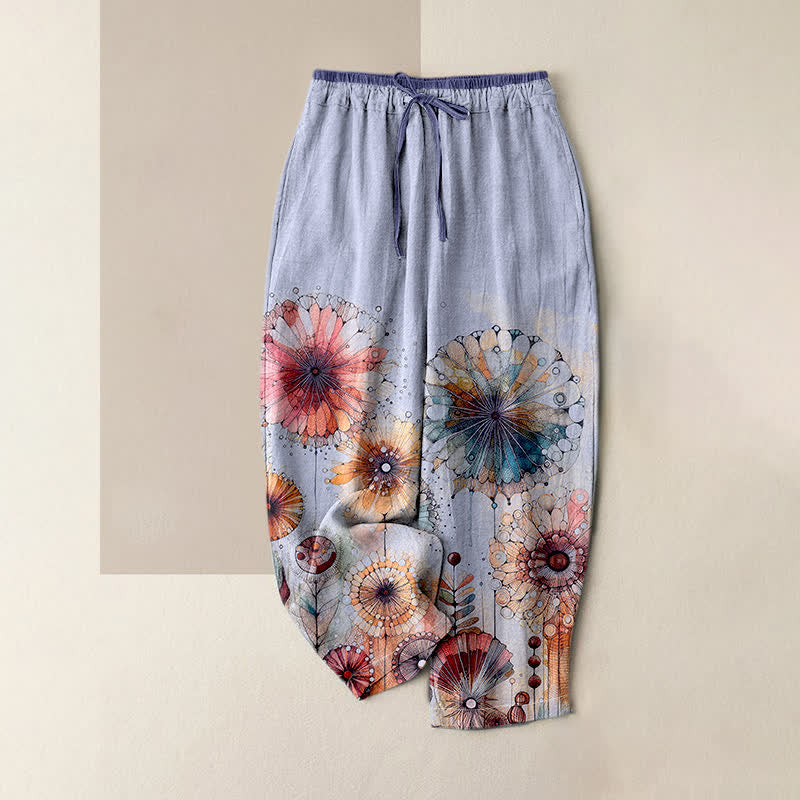 Buddha Stones Pantaloni da donna in puro cotone con elastico in vita e tasche, fantasia floreale mandala ad acquerello. - Lavanda - US16, UK/AU20, EU48 (3XL) - image 4