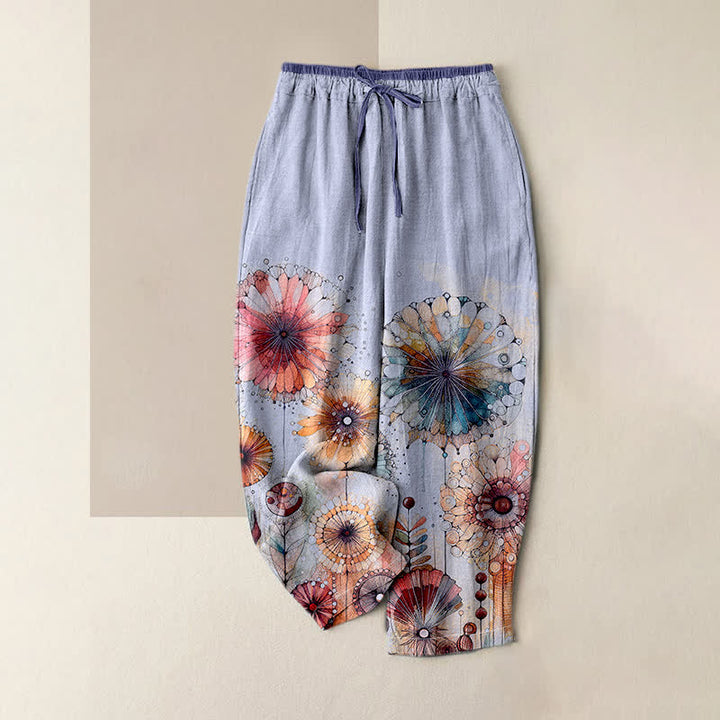 Buddha Stones Pantaloni da donna in puro cotone con elastico in vita e tasche, fantasia floreale mandala ad acquerello. - Lavanda - US16, UK/AU20, EU48 (3XL) - image 4