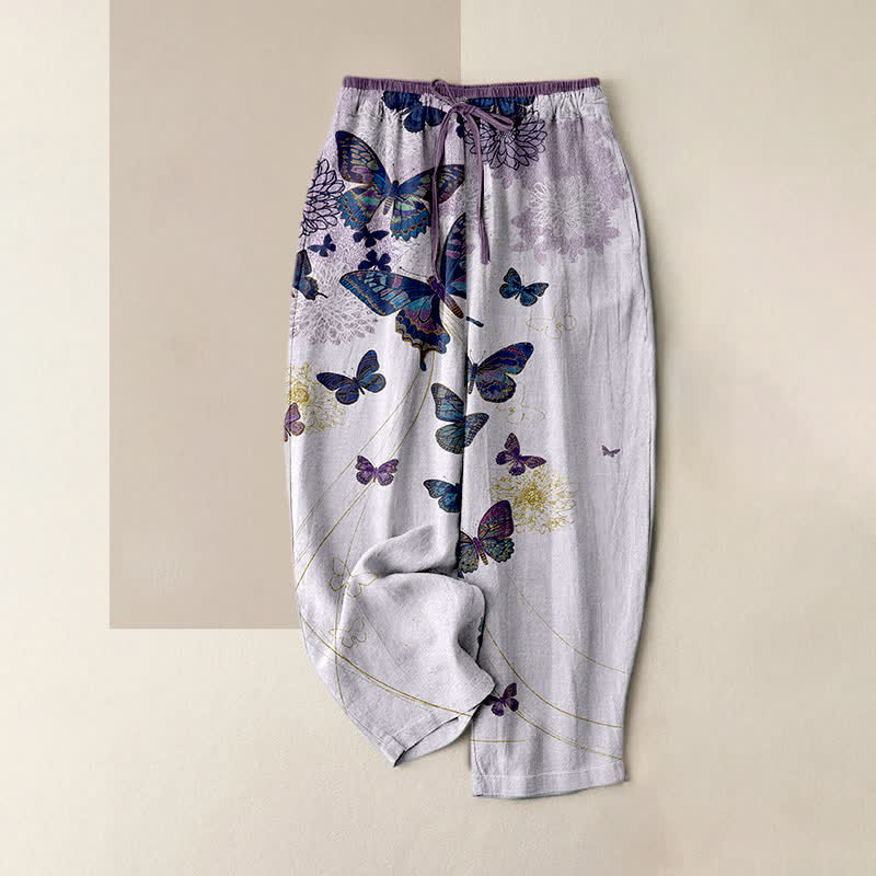 Buddha Stones Pantaloni da donna in puro cotone, stile bohémien, con elastico in vita e tasche, fantasia floreale a farfalle. - Lavanda - US16, UK/AU20, EU48 (3XL) - image 0