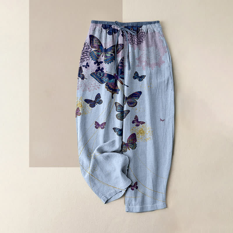 Buddha Stones Pantaloni da donna in puro cotone, stile bohémien, con elastico in vita e tasche, fantasia floreale a farfalle. - Azzurro chiaro - US16, UK/AU20, EU48 (3XL) - image 3