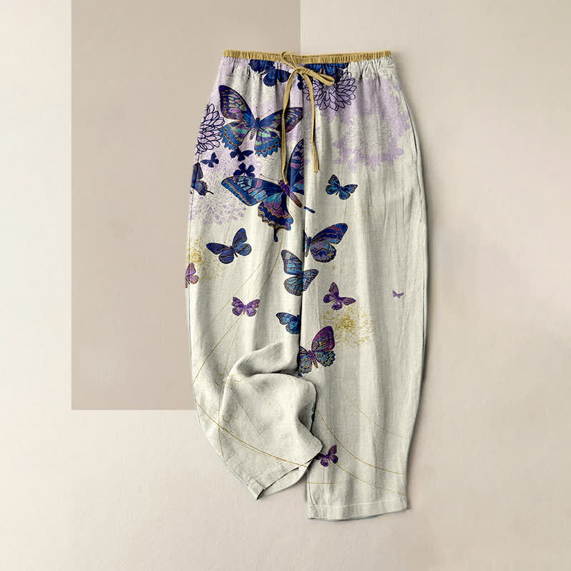 Buddha Stones Pantaloni da donna in puro cotone, stile bohémien, con elastico in vita e tasche, fantasia floreale a farfalle. - Avorio - US16, UK/AU20, EU48 (3XL) - image 4