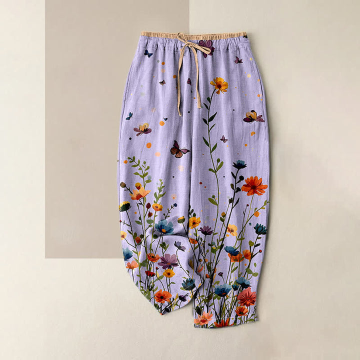 Buddha Stones Pantaloni da donna in puro cotone con elastico in vita e tasche, fantasia floreale e farfalle in stile bohémien. - Lavanda - US16, UK/AU20, EU48 (3XL) - image 3