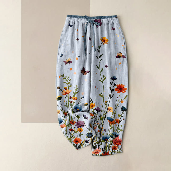 Buddha Stones Pantaloni da donna in puro cotone con elastico in vita e tasche, fantasia floreale e farfalle in stile bohémien. - Azzurro chiaro - US16, UK/AU20, EU48 (3XL) - image 4