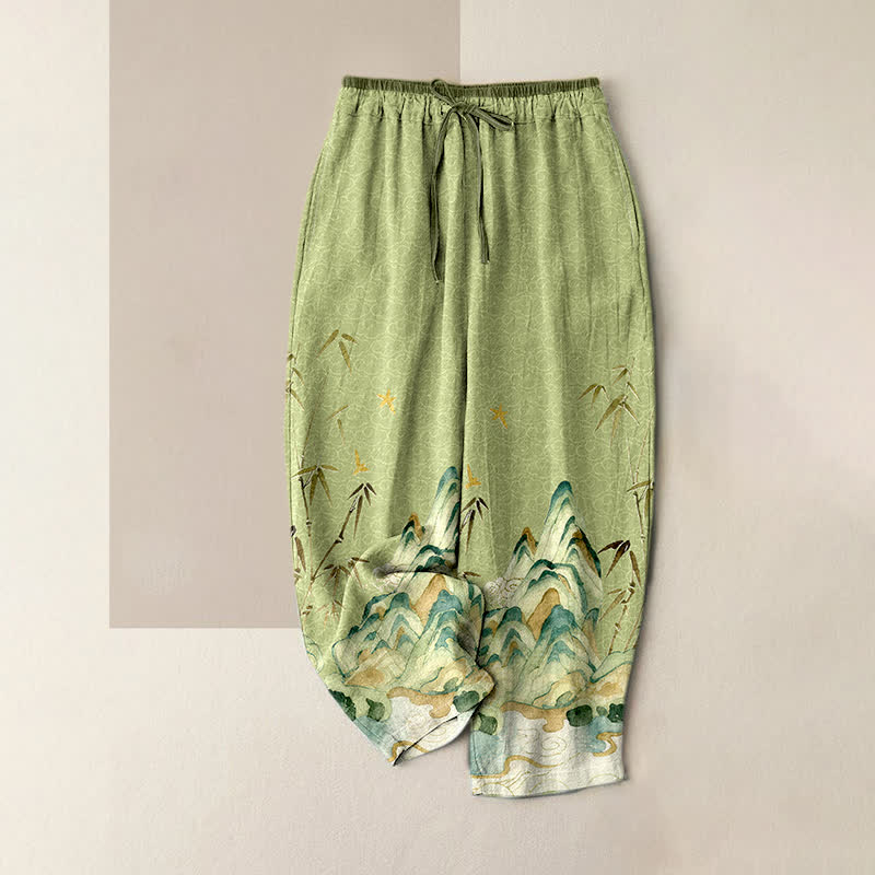 Buddha Stones Pantaloni da donna in puro cotone con elastico in vita e tasche, fantasia montagna e bambù. - Verde Mare Scuro - US16, UK/AU20, EU48 (3XL) - image 0