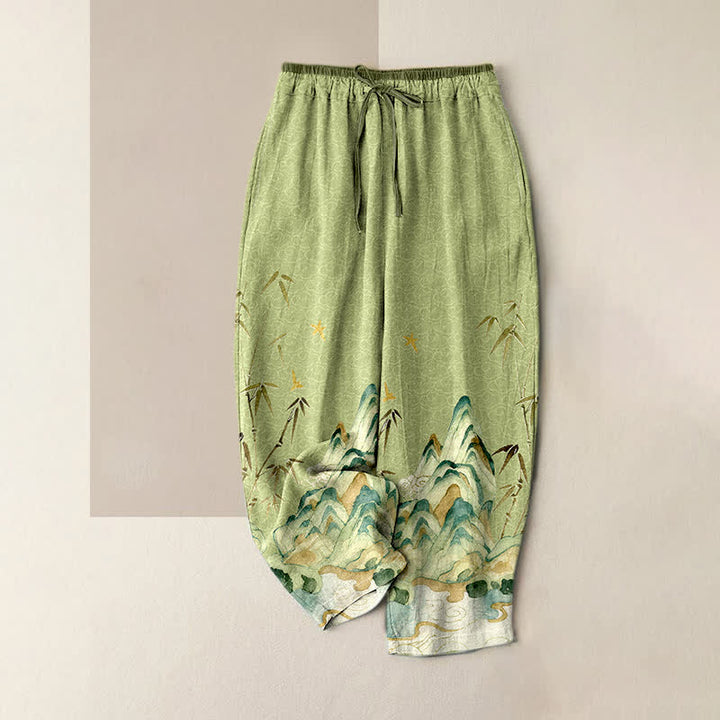 Buddha Stones Pantaloni da donna in puro cotone con elastico in vita e tasche, fantasia montagna e bambù. - Verde Mare Scuro - US16, UK/AU20, EU48 (3XL) - image 0