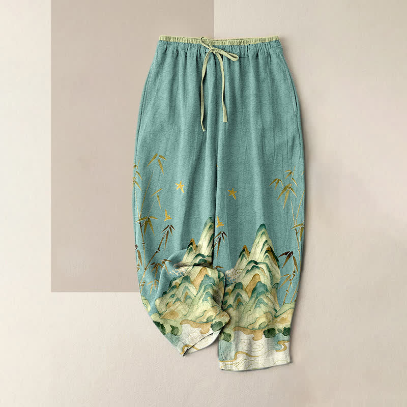 Buddha Stones Pantaloni da donna in puro cotone con elastico in vita e tasche, fantasia montagna e bambù. - Turchese - US16, UK/AU20, EU48 (3XL) - image 3