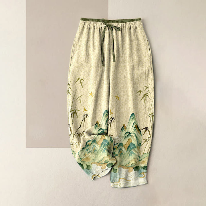 Buddha Stones Pantaloni da donna in puro cotone con elastico in vita e tasche, fantasia montagna e bambù. - Beige - US16, UK/AU20, EU48 (3XL) - image 4