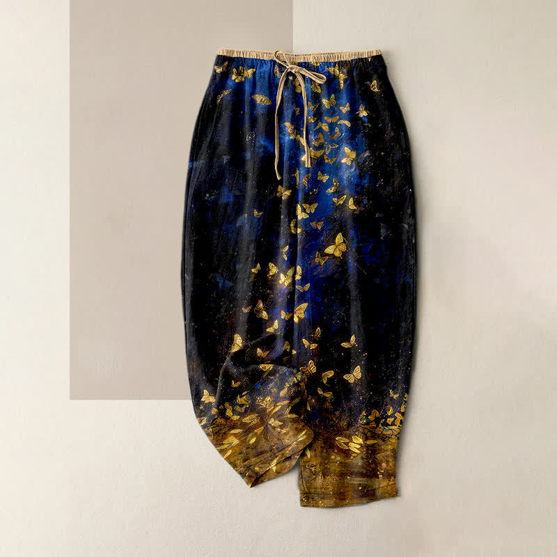 Buddha Stones Pantaloni da donna in puro cotone con elastico in vita e tasche, fantasia a farfalle dorate sfumate. - Blu notte - US16, UK/AU20, EU48 (3XL) - image 0
