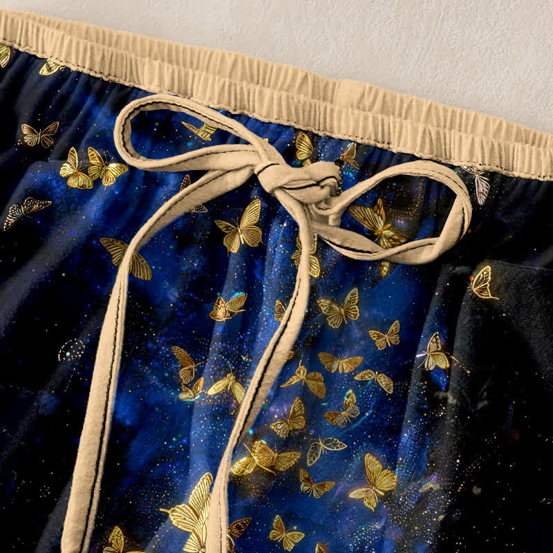 Buddha Stones Pantaloni da donna in puro cotone con elastico in vita e tasche, fantasia a farfalle dorate sfumate. - image 1