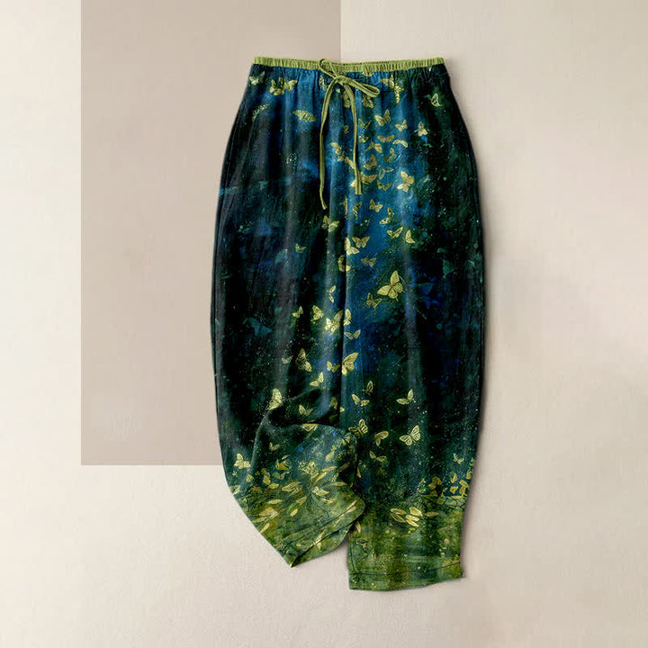 Buddha Stones Pantaloni da donna in puro cotone con elastico in vita e tasche, fantasia a farfalle dorate sfumate. - Verde scuro - US16, UK/AU20, EU48 (3XL) - image 5