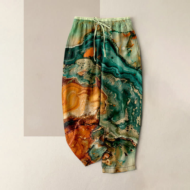Buddha Stones Pantaloni da donna in cotone con elastico in vita e tasche, fantasia a onde effetto marmo. - Verde Mare Scuro - US16, UK/AU20, EU48 (3XL) - image 0