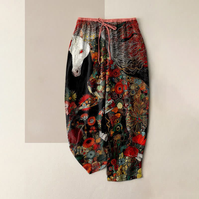 Buddha Stones Pantaloni da donna in puro cotone, stile bohémien, con elastico in vita e tasche, fantasia floreale e cavalli. - Nero - US16, UK/AU20, EU48 (3XL) - image 0
