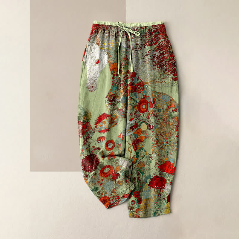 Buddha Stones Pantaloni da donna in puro cotone, stile bohémien, con elastico in vita e tasche, fantasia floreale e cavalli. - Verde Mare Scuro - US16, UK/AU20, EU48 (3XL) - image 4