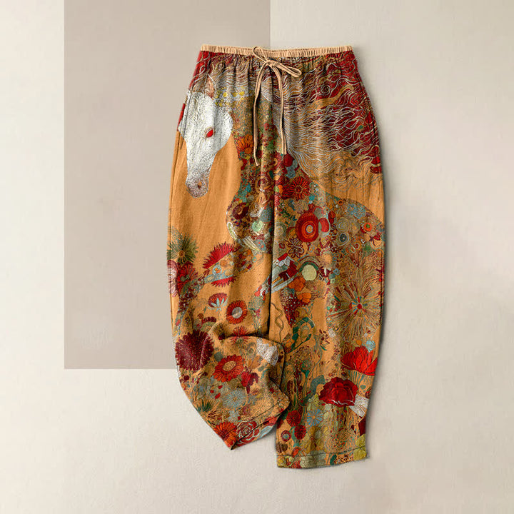 Buddha Stones Pantaloni da donna in puro cotone, stile bohémien, con elastico in vita e tasche, fantasia floreale e cavalli. - Arancia - US16, UK/AU20, EU48 (3XL) - image 5