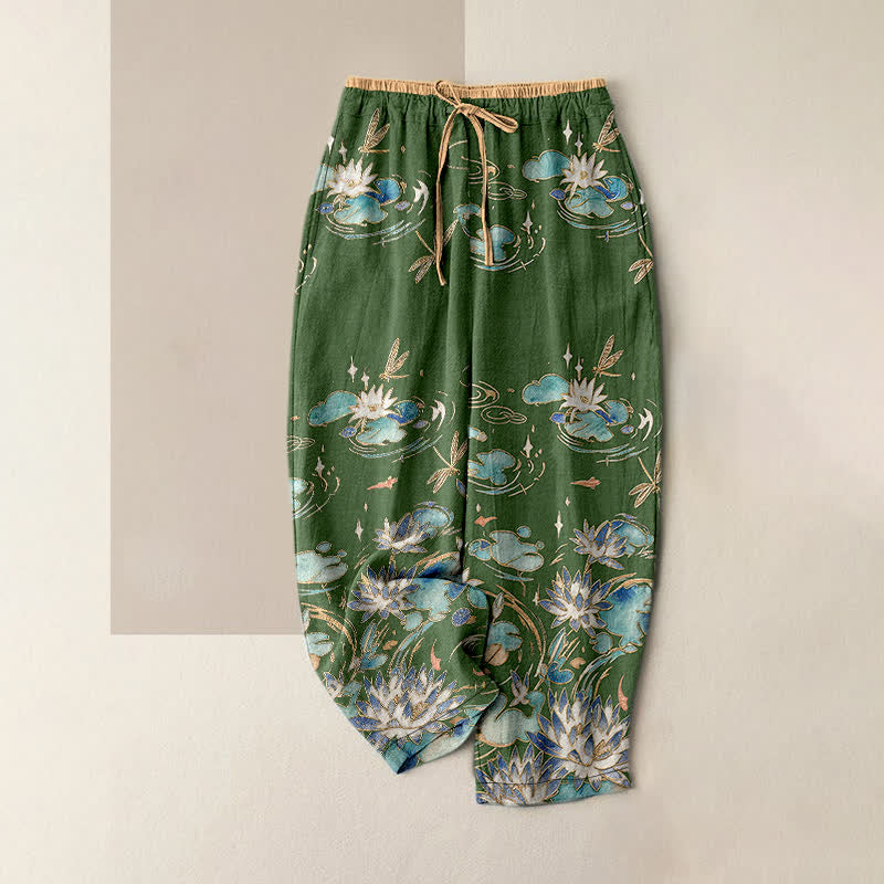 Buddha Stones Pantaloni da donna in puro cotone con elastico in vita e tasche, fantasia a onde di loto. - Verde oliva scuro - US16, UK/AU20, EU48 (3XL) - image 0