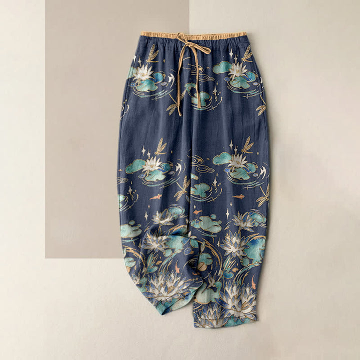 Buddha Stones Pantaloni da donna in puro cotone con elastico in vita e tasche, fantasia a onde di loto. - Marina - US16, UK/AU20, EU48 (3XL) - image 4
