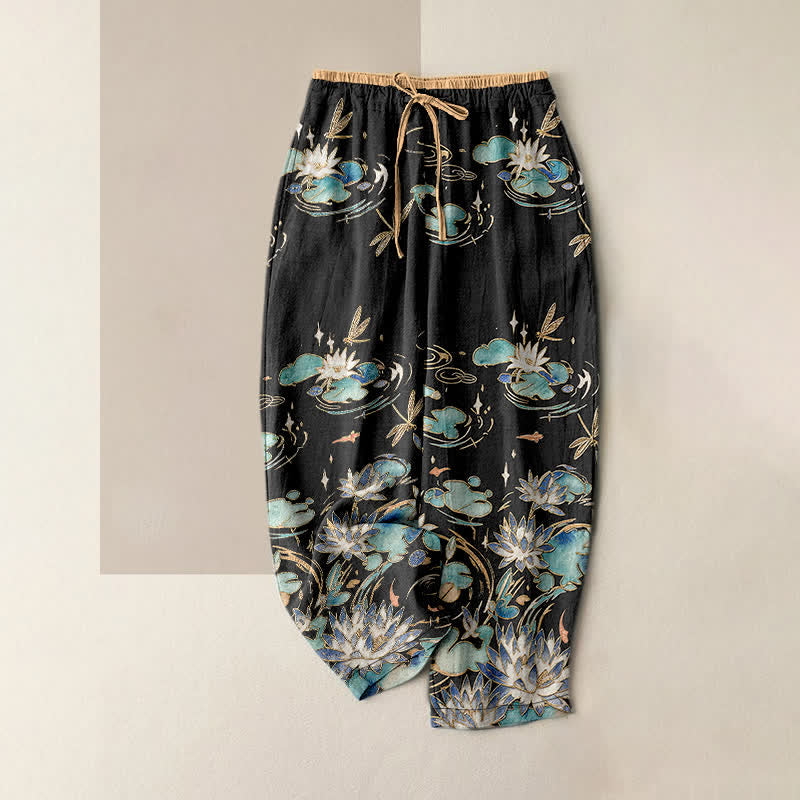 Buddha Stones Pantaloni da donna in puro cotone con elastico in vita e tasche, fantasia a onde di loto. - Nero - US16, UK/AU20, EU48 (3XL) - image 5