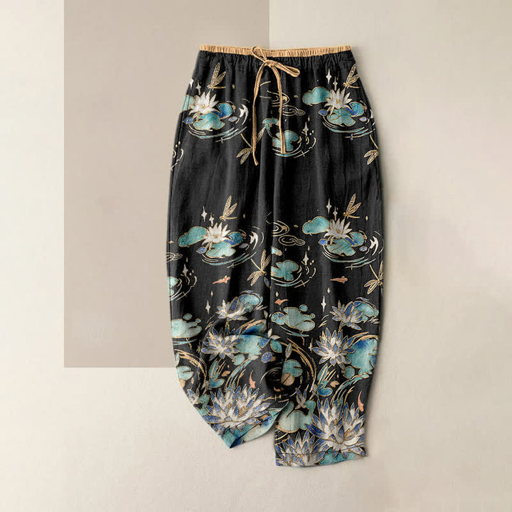 Buddha Stones Pantaloni da donna in puro cotone con elastico in vita e tasche, fantasia a onde di loto. - Nero - US16, UK/AU20, EU48 (3XL) - image 5